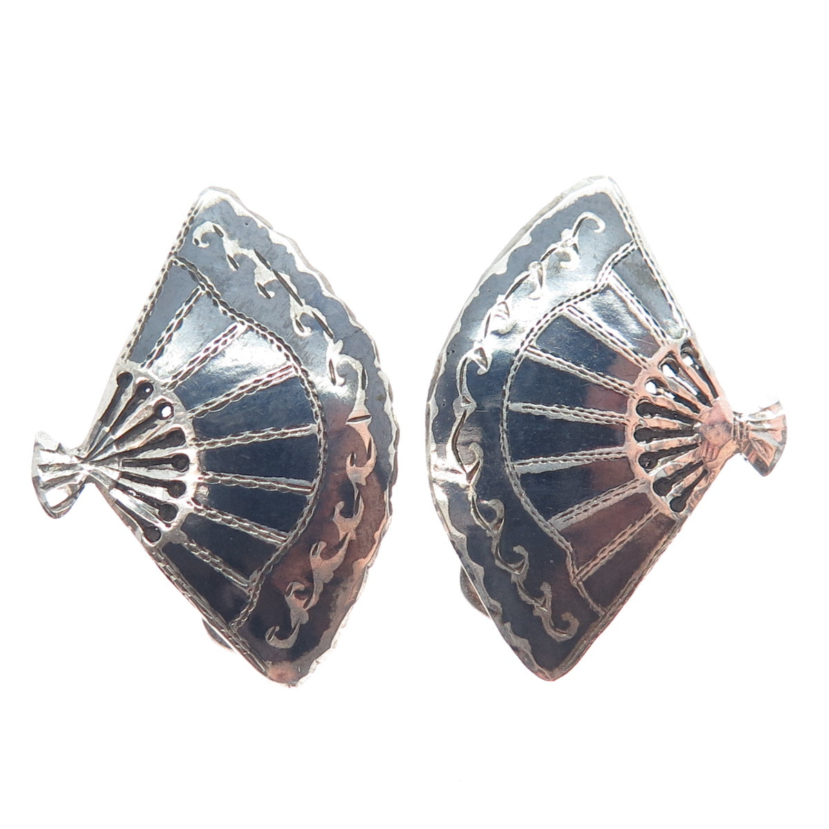 925 Sterling Silver Antique Siam Niello Fan Clip On Earrings