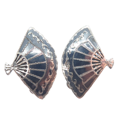 925 Sterling Silver Antique Siam Niello Fan Clip On Earrings