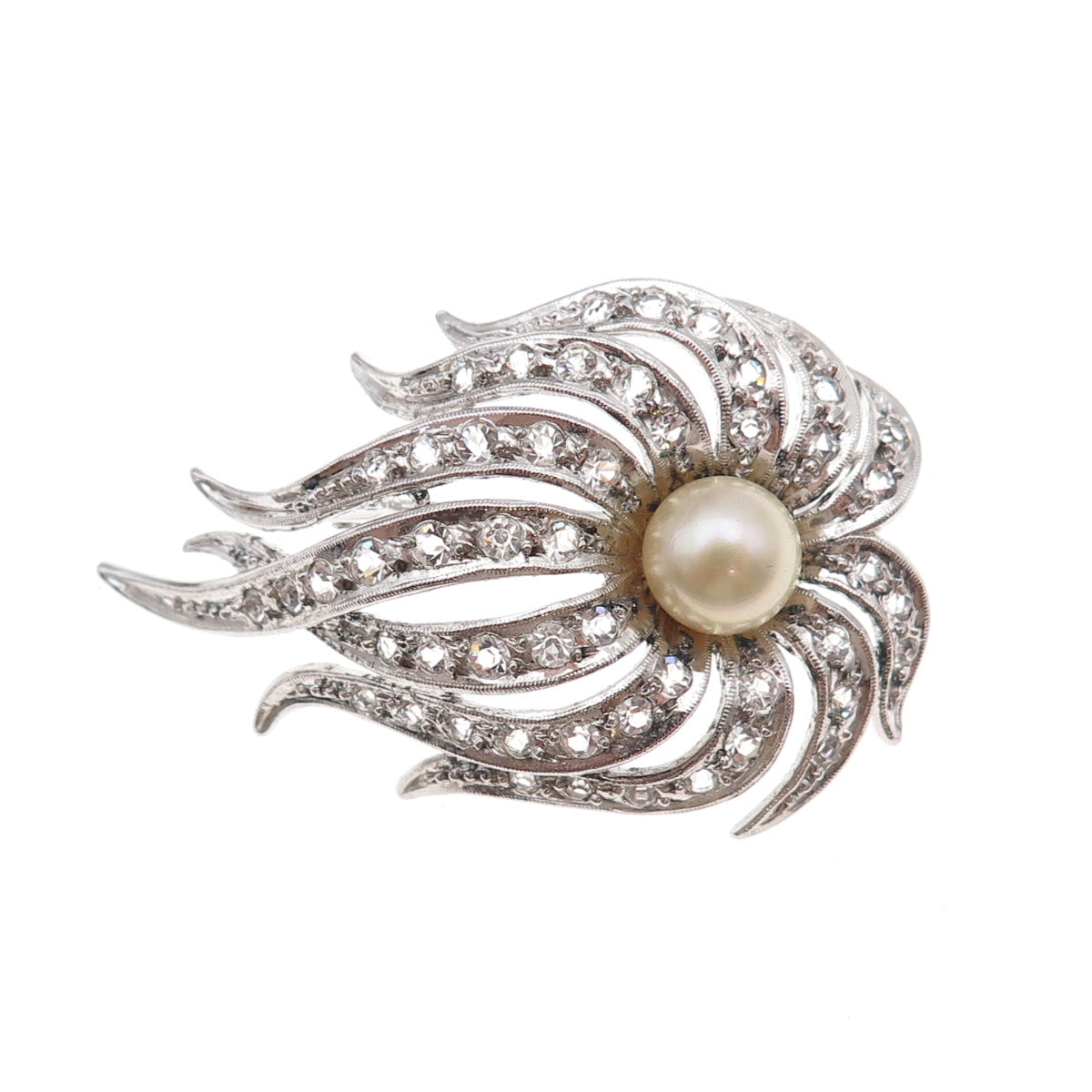 925 Sterling Silver Antique Art Deco Faux Pearl & Rhinestone Floral Pin Brooch