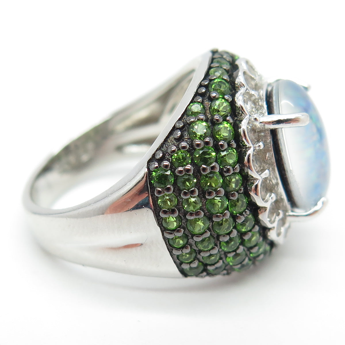 925 Sterling Silver Real White Topaz Doublet Opal & Peridot Gem Ring Size 6.75