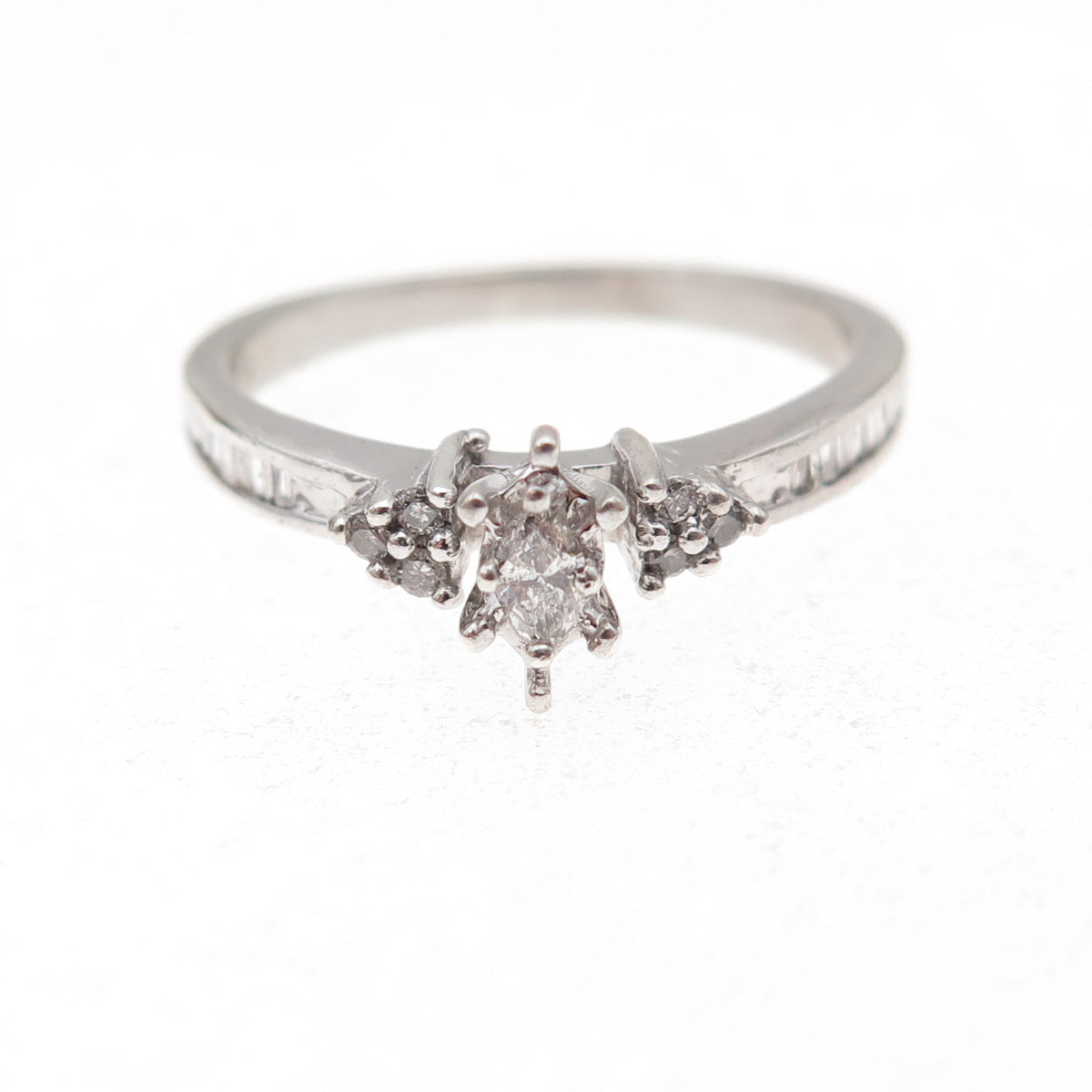 925 Sterling Silver Real Marquise & Round-Cut Diamond Engagement Ring Size 7.5