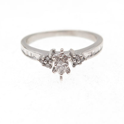 925 Sterling Silver Real Marquise & Round-Cut Diamond Engagement Ring Size 7.5