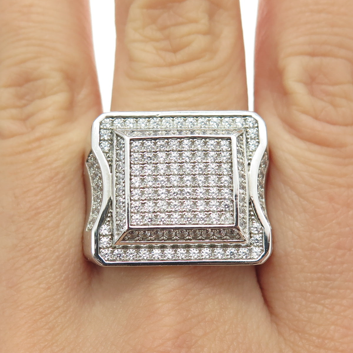 925 Sterling Silver Pave C Z Domed Ring Size 11