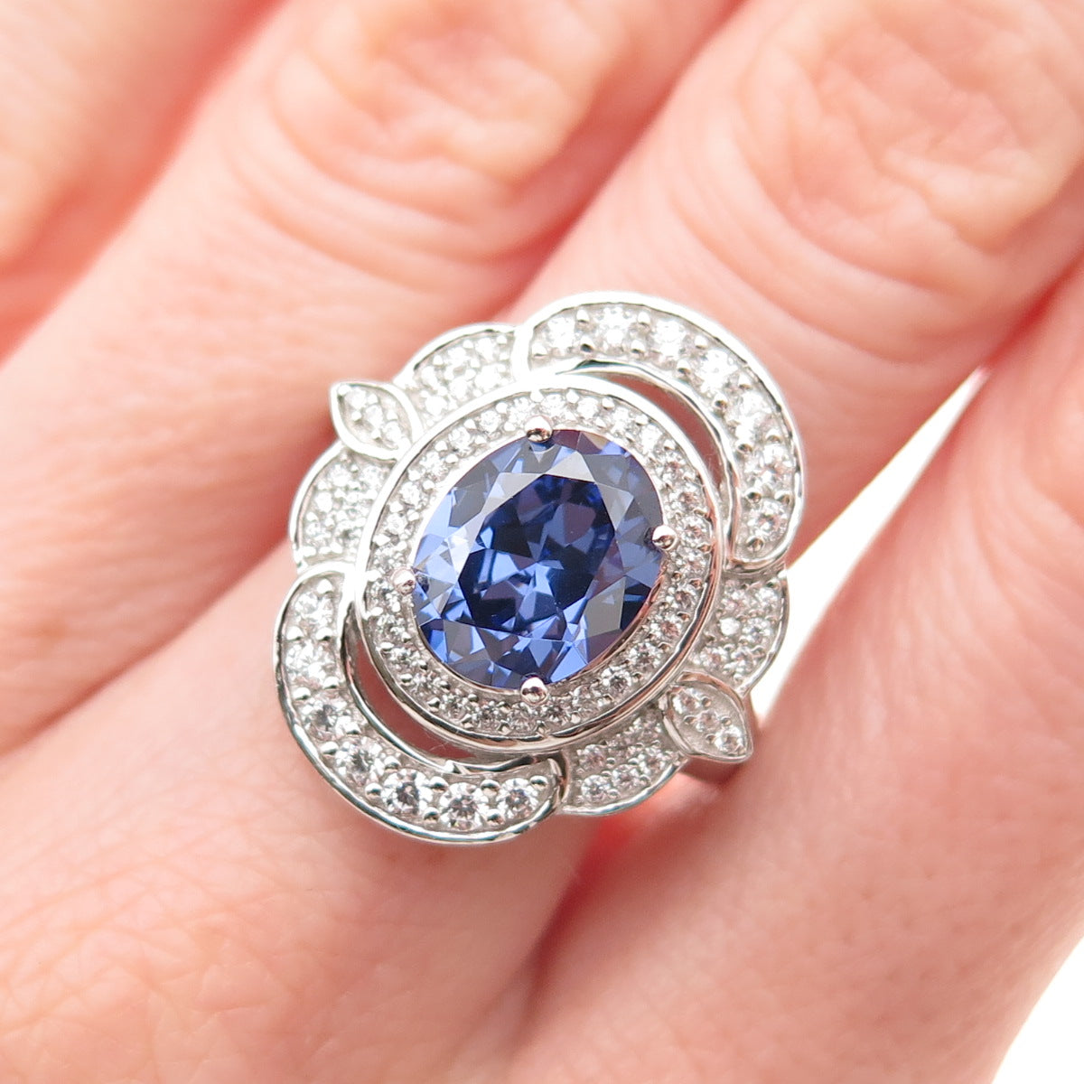 925 Sterling Silver Oval-Cut Blue & Round-Cut White C Z Ring Size 8
