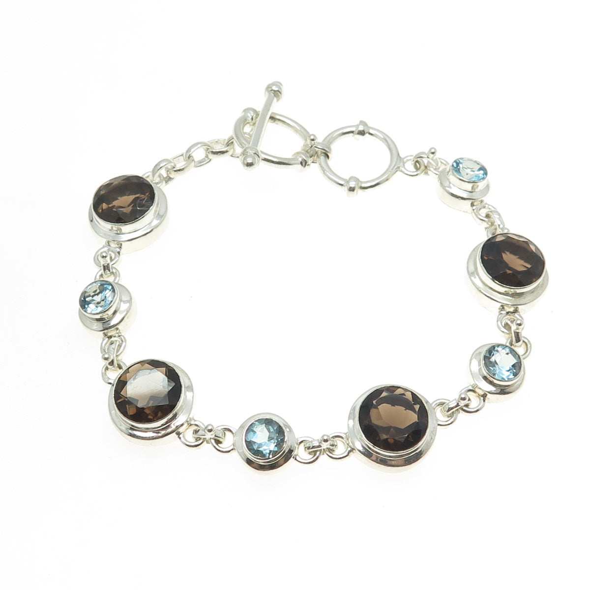 925 Sterling Silver Vintage Real Smoky Quartz & Blue Topaz Gemstone Bracelet 8"