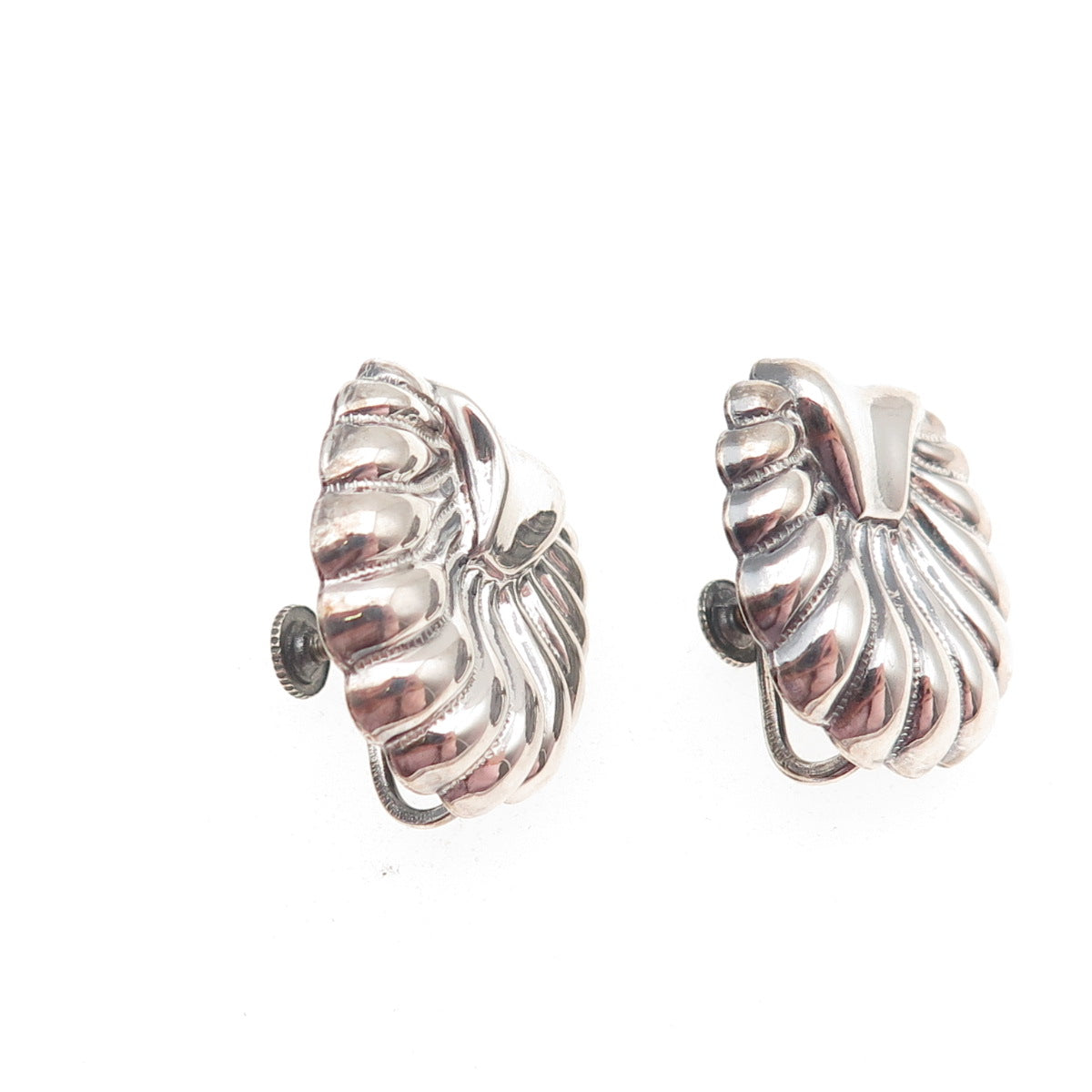 925 Sterling Silver Antique Art Deco Seashell Oxidized Screw Back Earrings