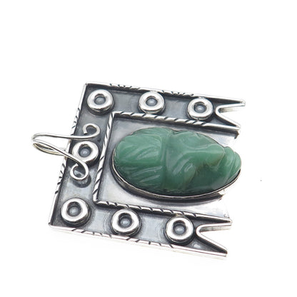 925 Sterling Silver Vintage Mexico Real Jade Aztec God Oxidized Pendant