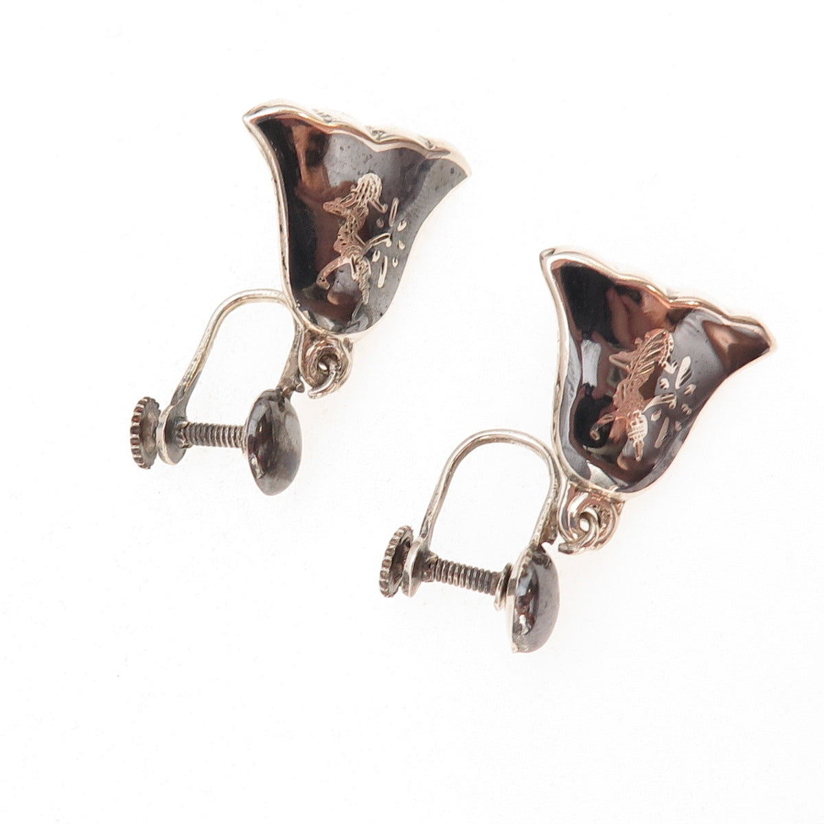 925 Sterling Antique Art Deco Siam Niello Hindu Goddess Screw Back Earrings