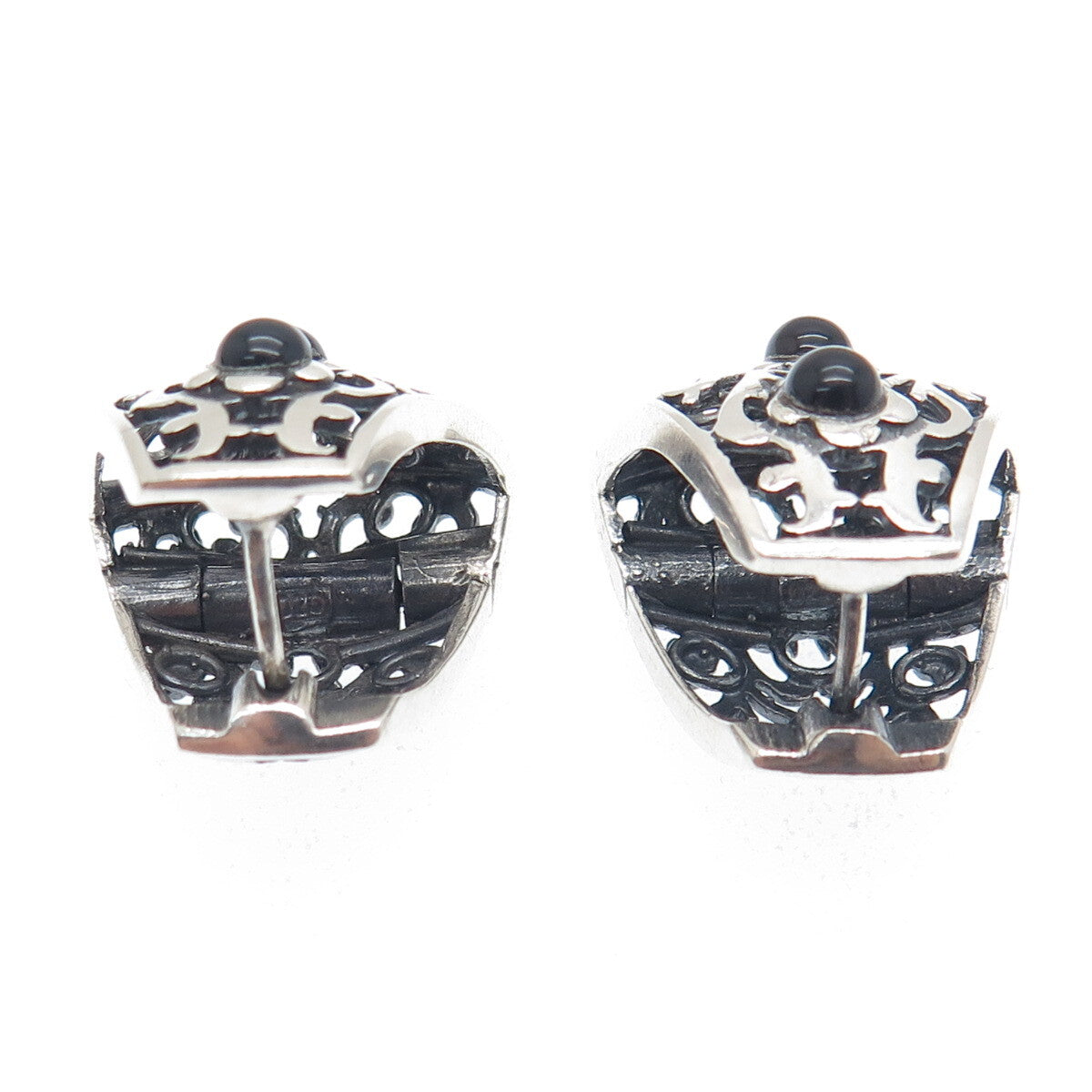 925 Sterling Silver Vintage Real Black Onyx Ornate Oxidized Earrings