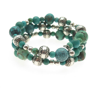 Old Pawn 925 Sterling Turquoise Navajo Pearls Beaded Adjustable Wrap Bracelet 6"