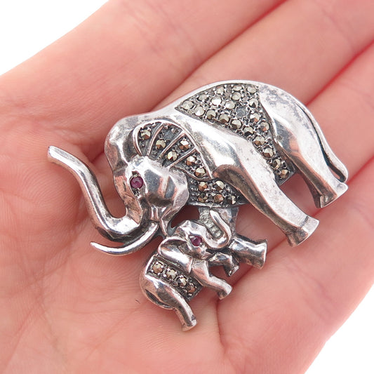 925 Sterling Vintage Real Ruby Marcasite Elephant Pin Brooch (missing 2 stones)