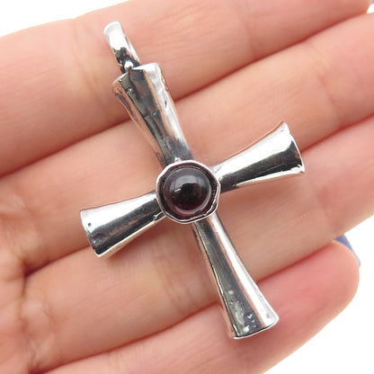925 Sterling Silver Vintage Real Rhodolite Modernist Cross Oxidized Pendant