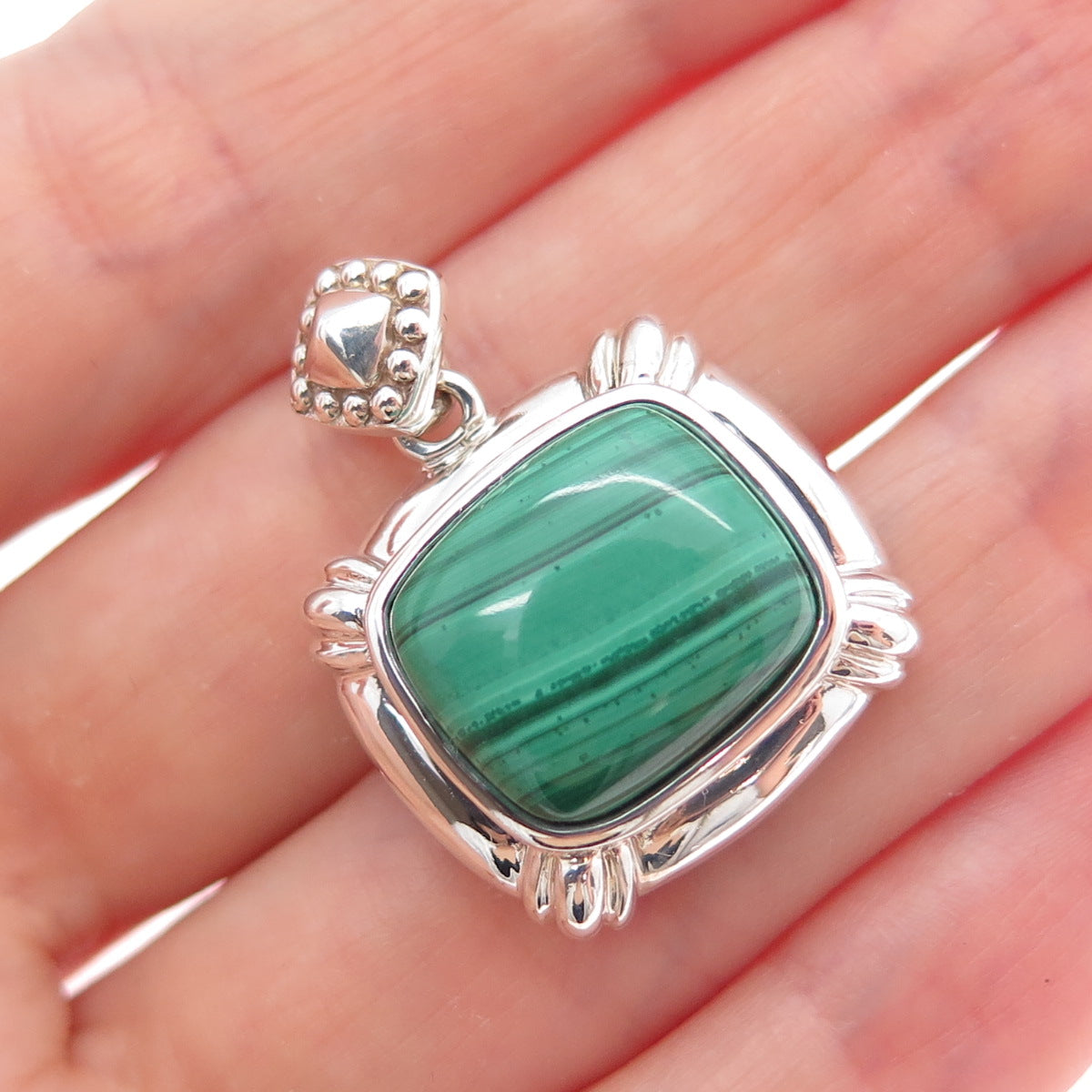 MICHELLE ALBALA 925 Sterling Silver Vintage Real Malachite Charm Pendant