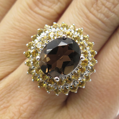 925 Sterling Silver Real Oval-Cut Smoky Quartz & Citrine Ring Size 7.5