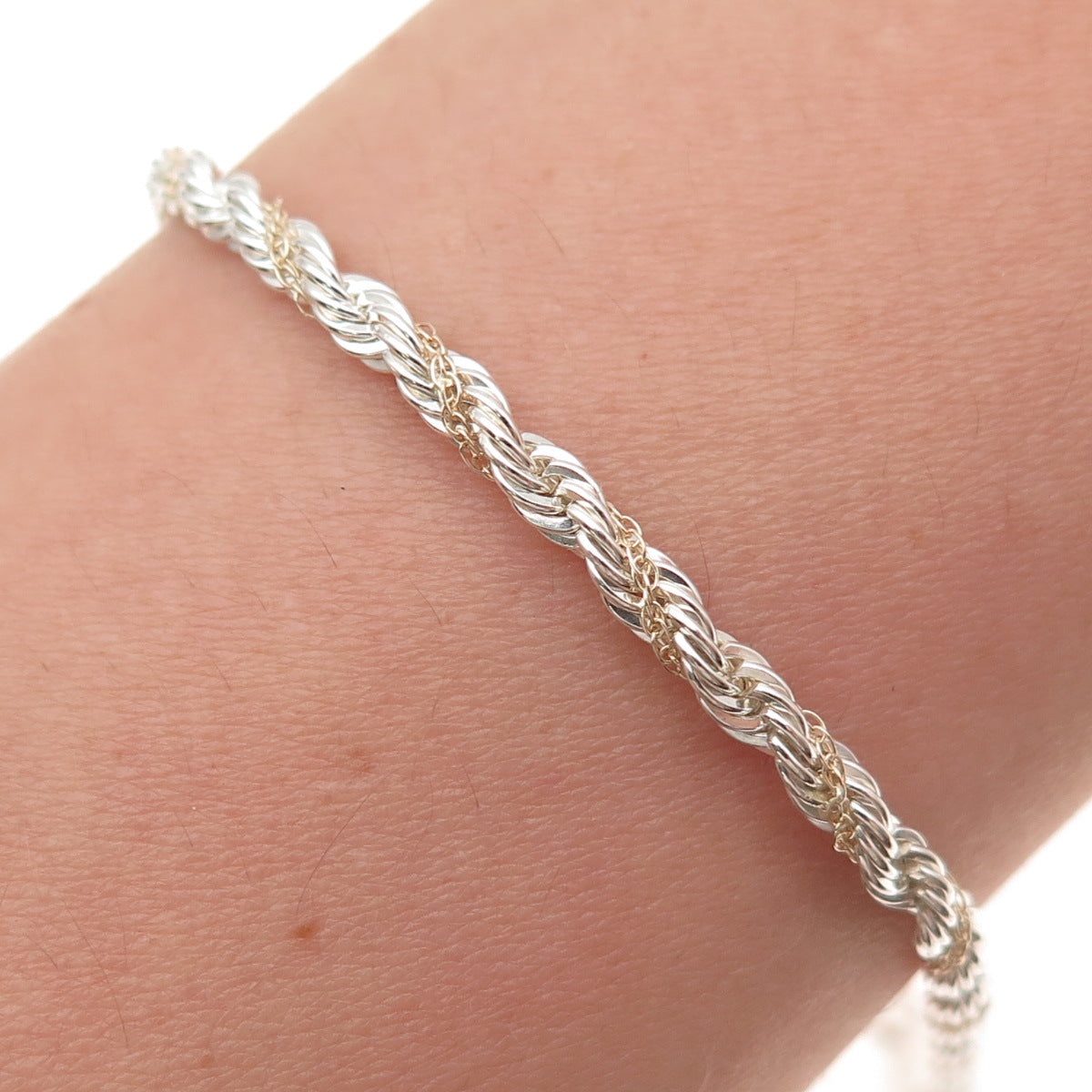 Oroamerica 925 Sterling Silver 14K Gold Vintage Twisted Rope Link Bracelet 7.25"