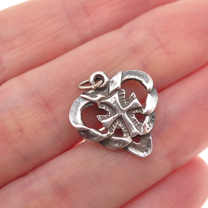925 Sterling Silver Vintage Cross Heart Oxidized Charm Pendant