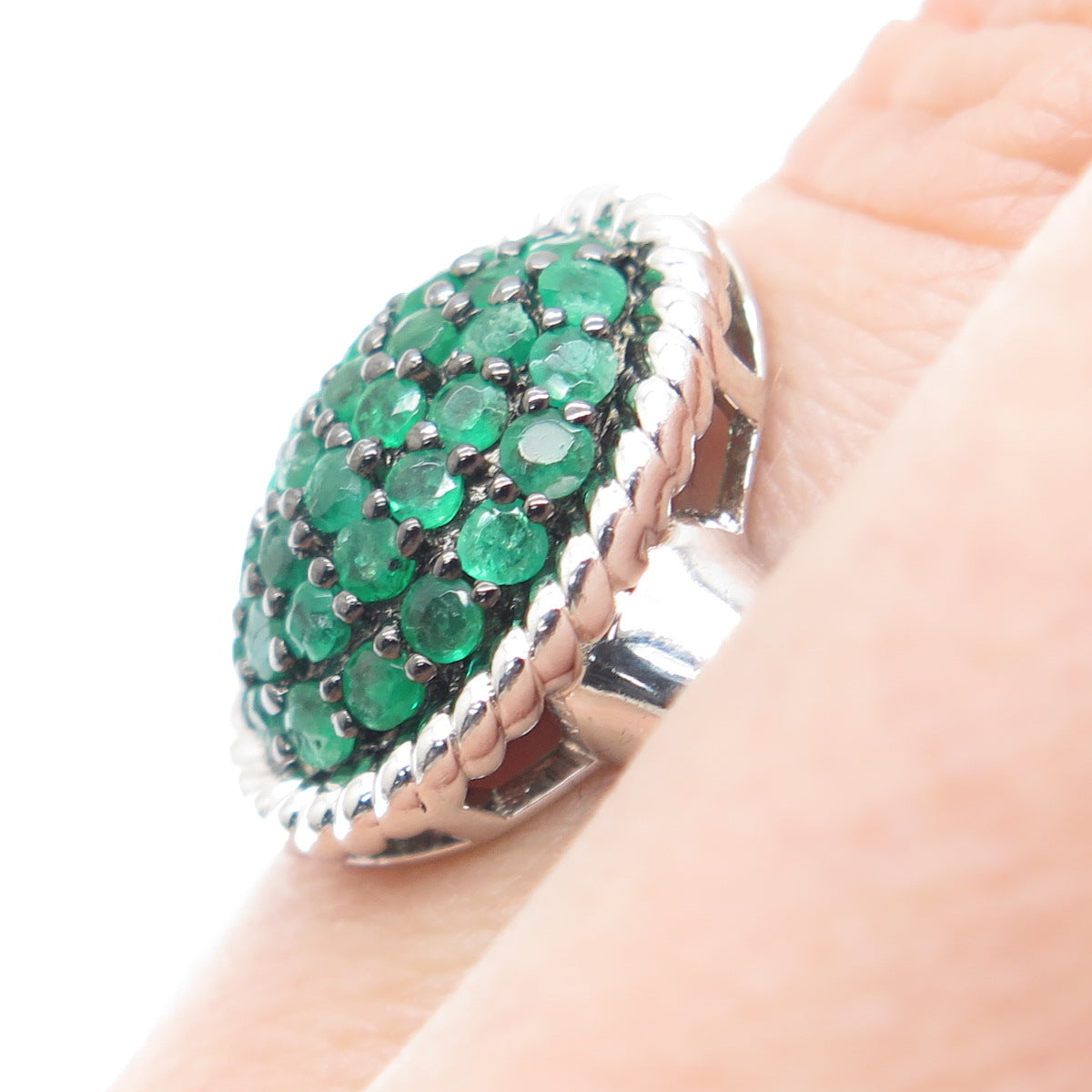 J. STELLA 925 Sterling Silver Real Round-Cut Emerald Cluster Ring Size 7.25