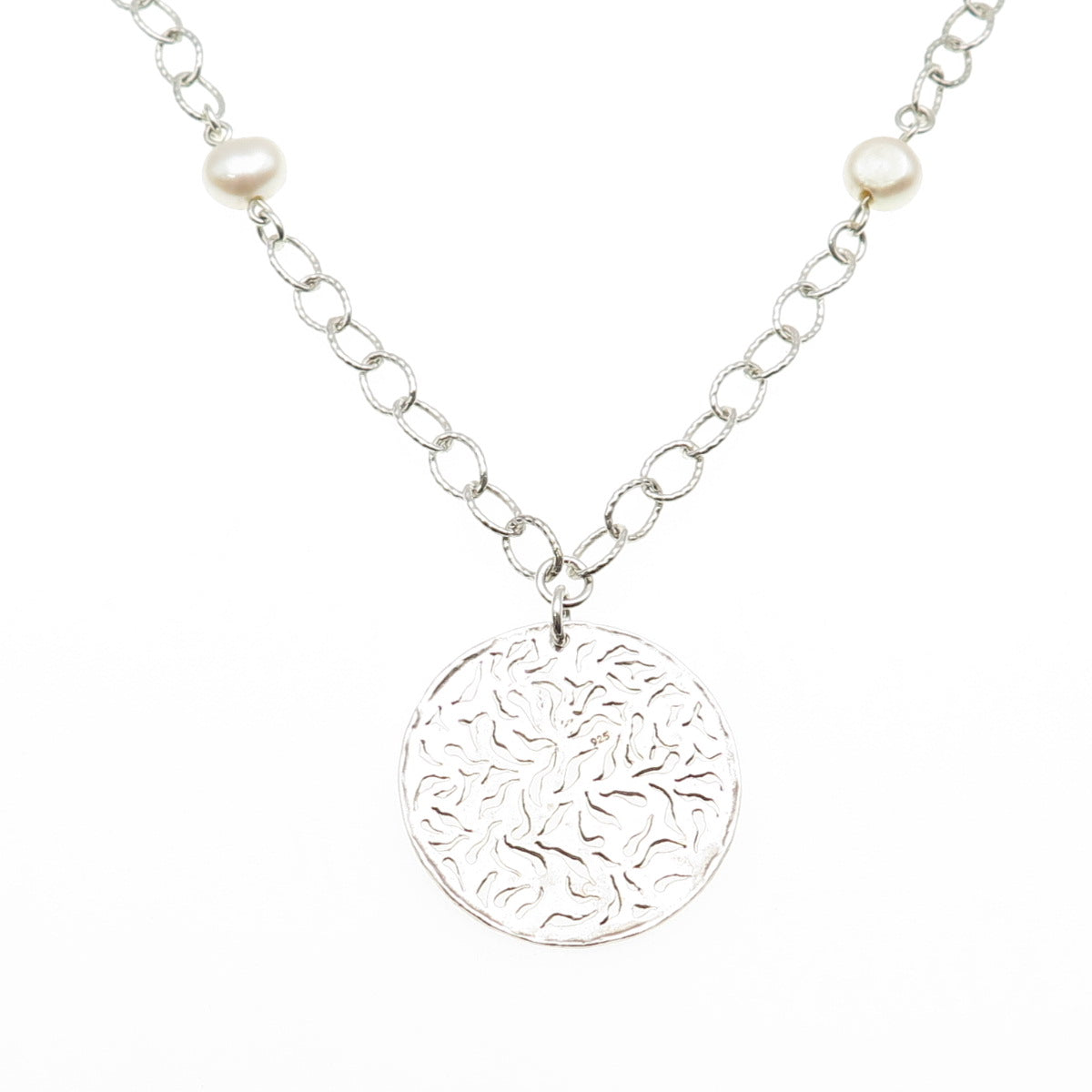 DIDAE 925 Sterling Silver Vintage Israel Real Pearl Floral Chain Necklace 16"