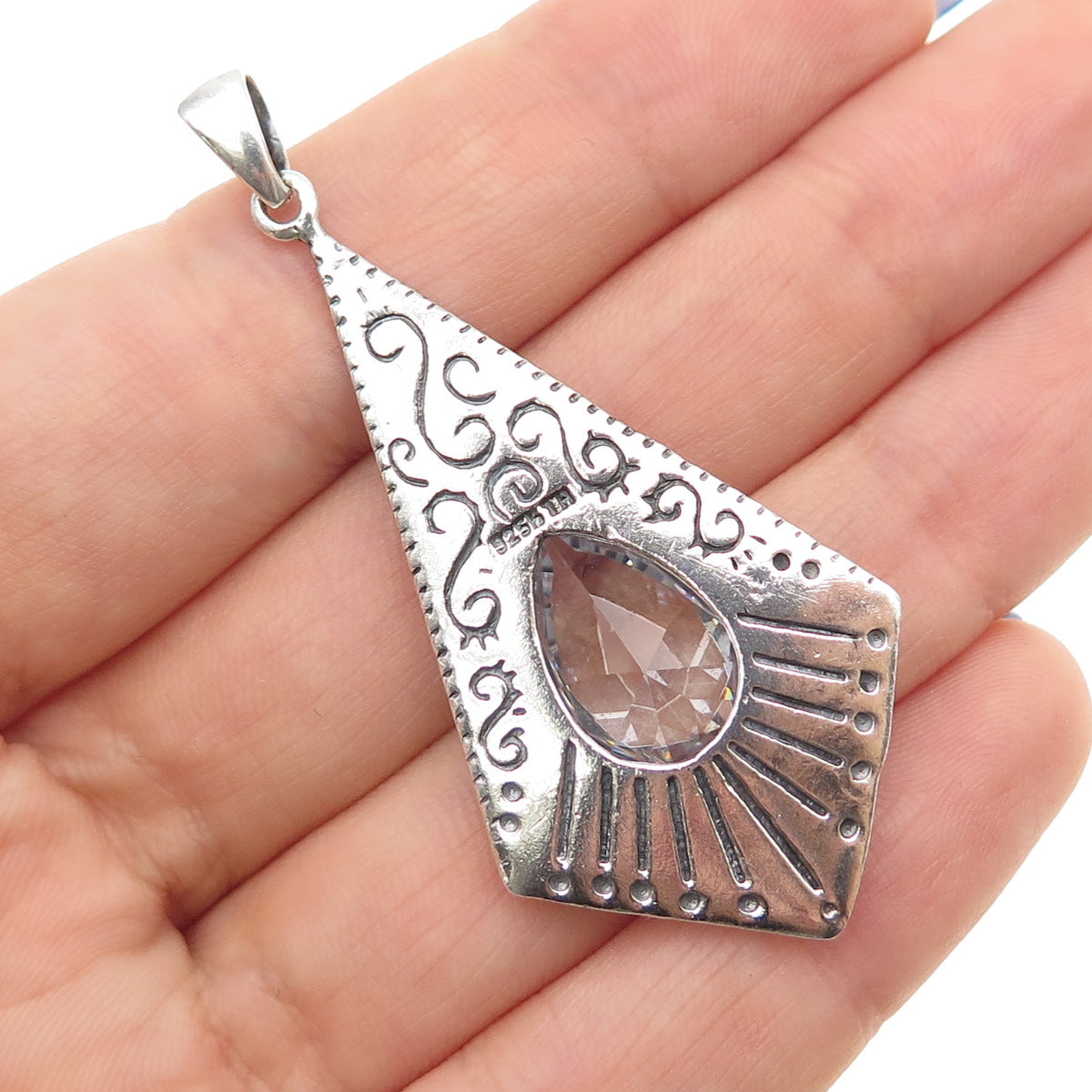 KEN CRAFTS 925 Sterling Silver Vintage Pear-Cut C Z Swirl Oxidized Pendant