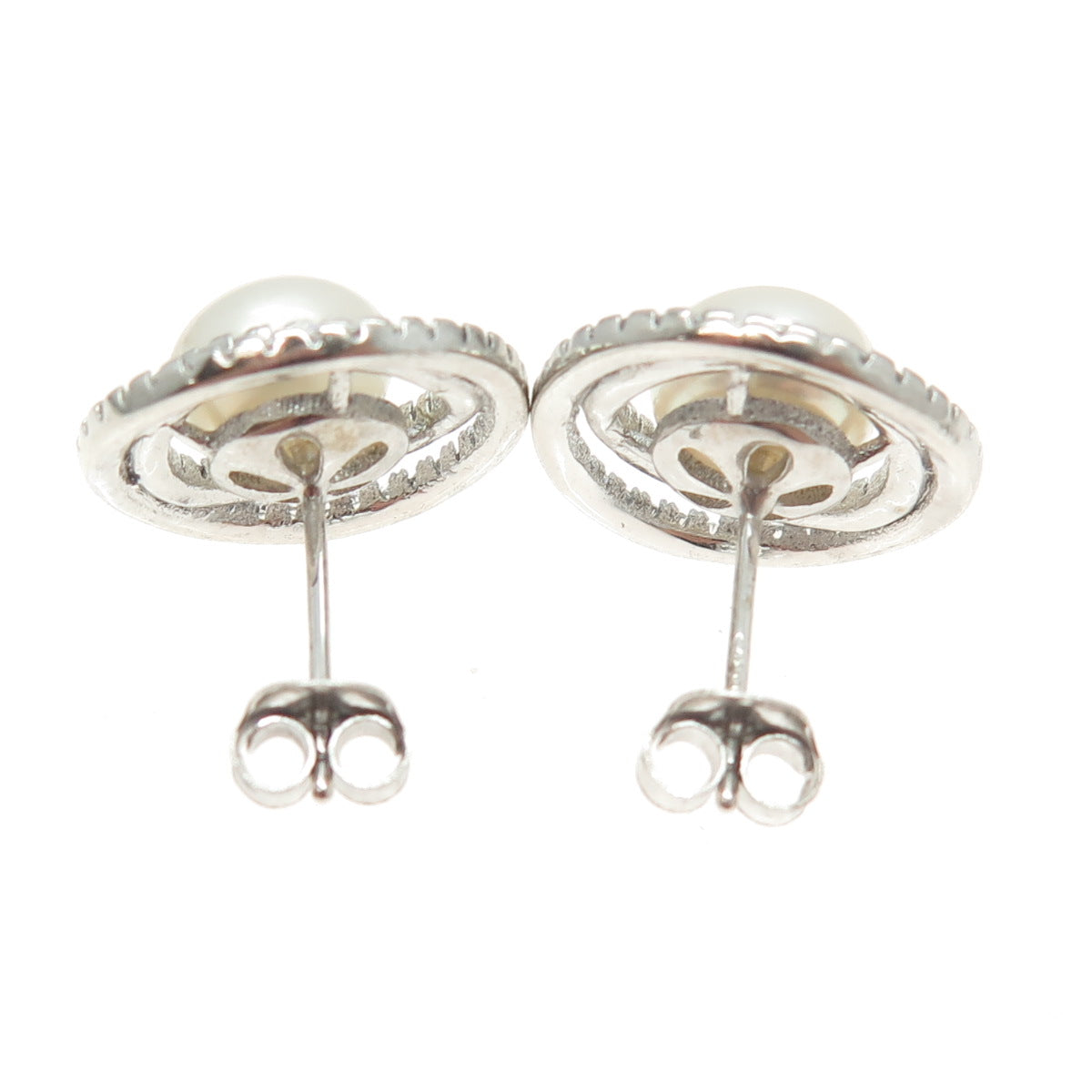 925 Sterling Silver Real Pearl & Round-Cut C Z Multi-Circle Stud Earrings