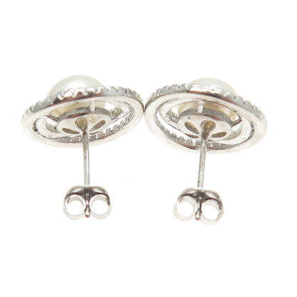 925 Sterling Silver Real Pearl & Round-Cut C Z Multi-Circle Stud Earrings