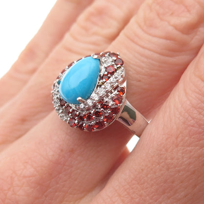 Chuck Clemency 925 Sterling Silver Real Turquoise Garnet & Topaz Ring Size 8.25