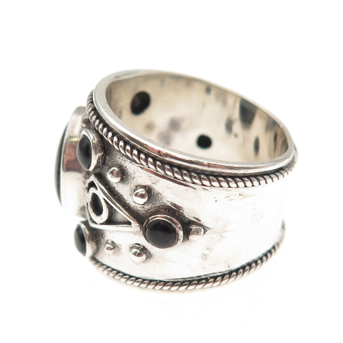 925 Sterling Silver Vintage Real Black Onyx Modernist Oxidized Ring Size 8.25