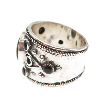 925 Sterling Silver Vintage Real Black Onyx Modernist Oxidized Ring Size 8.25
