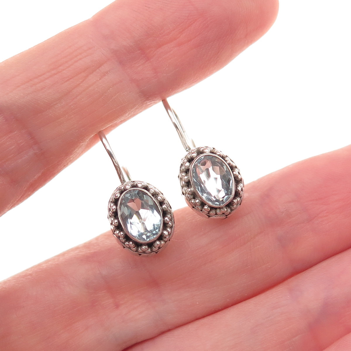 925 Sterling Silver Vintage Real Blue Topaz Beaded Oxidized Earrings