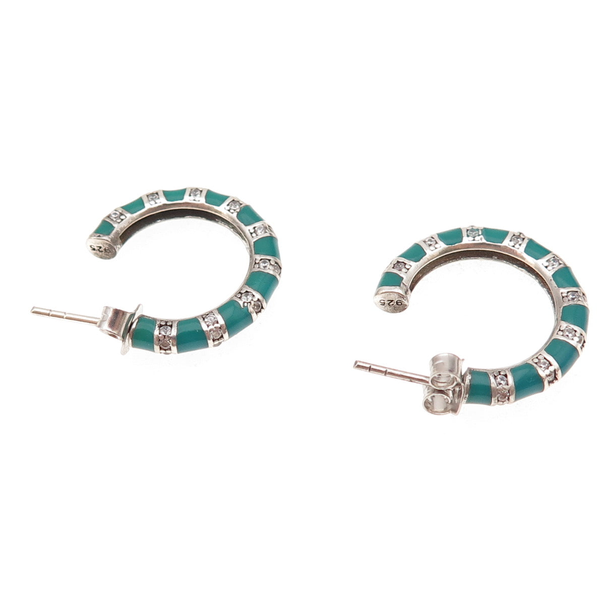925 Sterling Silver Enamel & C Z Bamboo Hoop Earrings