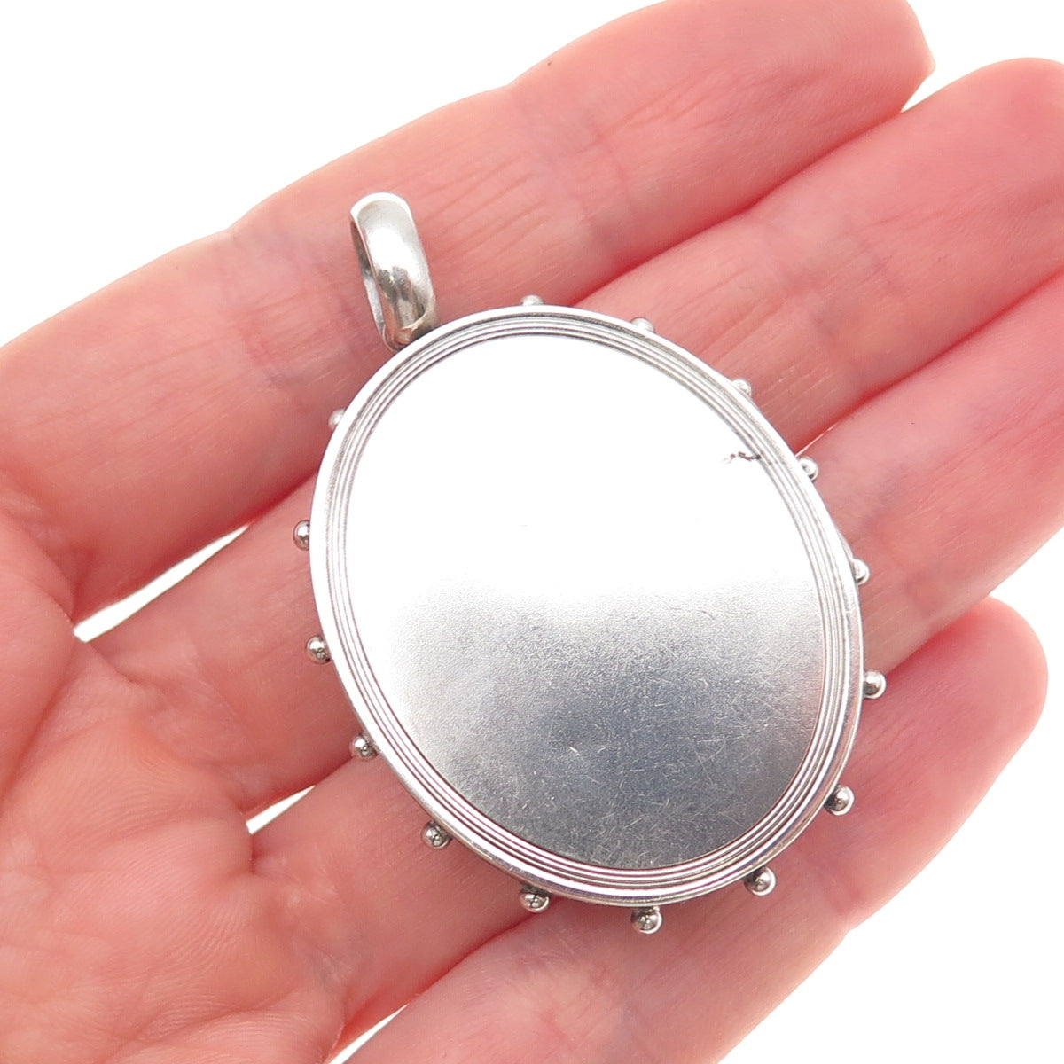 925 Sterling Silver Antique Victorian Oval Beaded Oxidized Locket Pendant