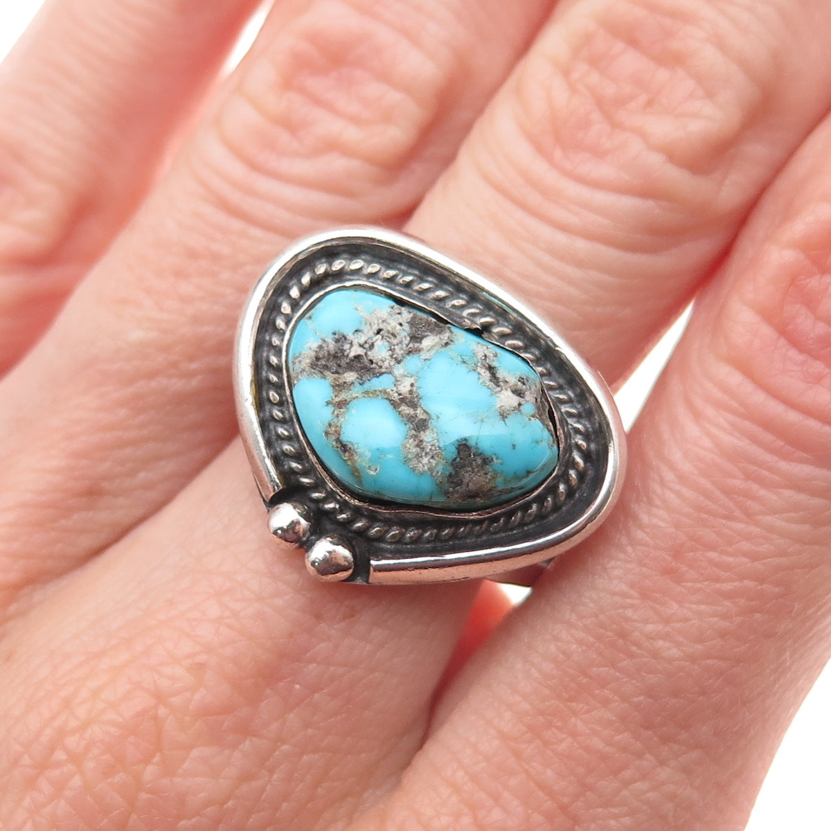 Old Pawn 925 Sterling Silver Vintage Southwestern Turquoise Tribal Ring Size 8.5