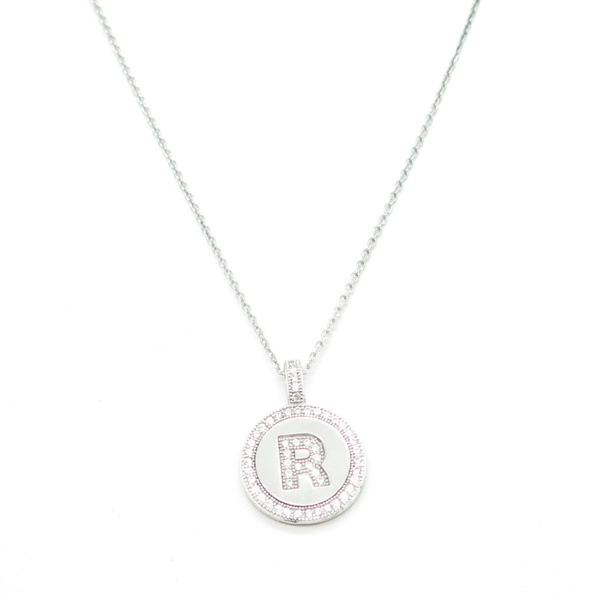 925 Sterling Silver Italy Round-Cut C Z Letter "R" Cable Chain Necklace 16"