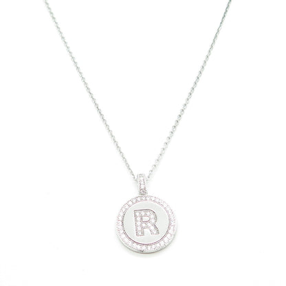 925 Sterling Silver Italy Round-Cut C Z Letter "R" Cable Chain Necklace 16"