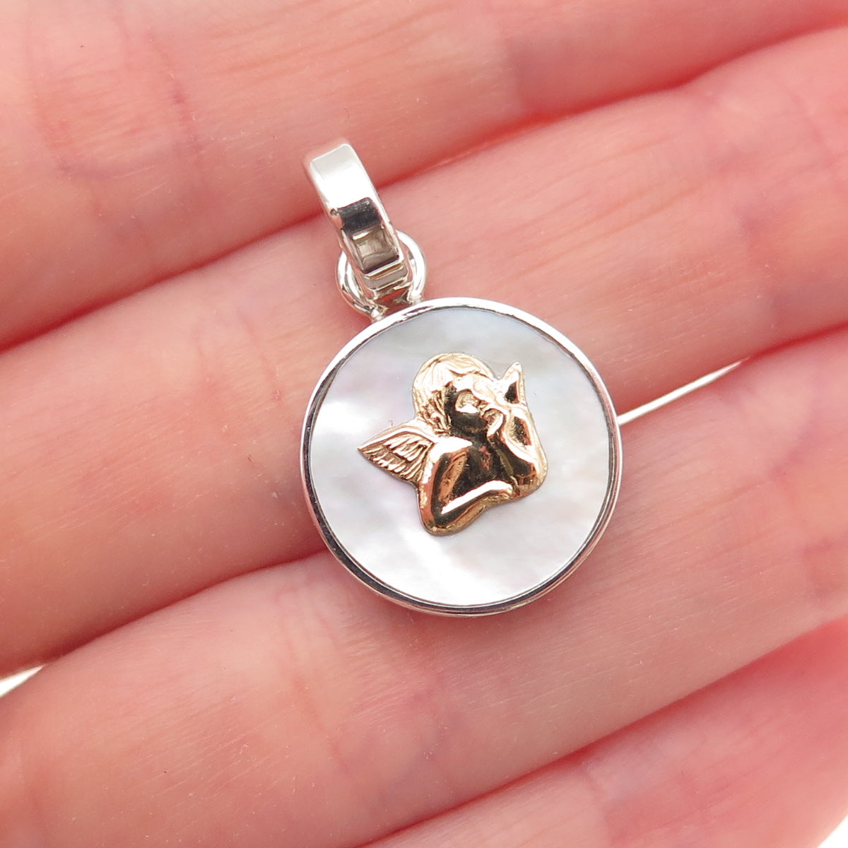 950 Silver 18K Gold Vintage Real MOP Cherub Charm Pendant