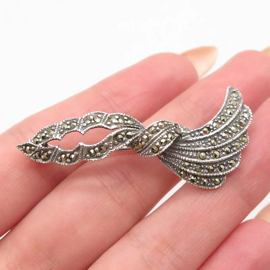 925 Sterling Silver Vintage Real Marcasite Gem Bow Pin Brooch
