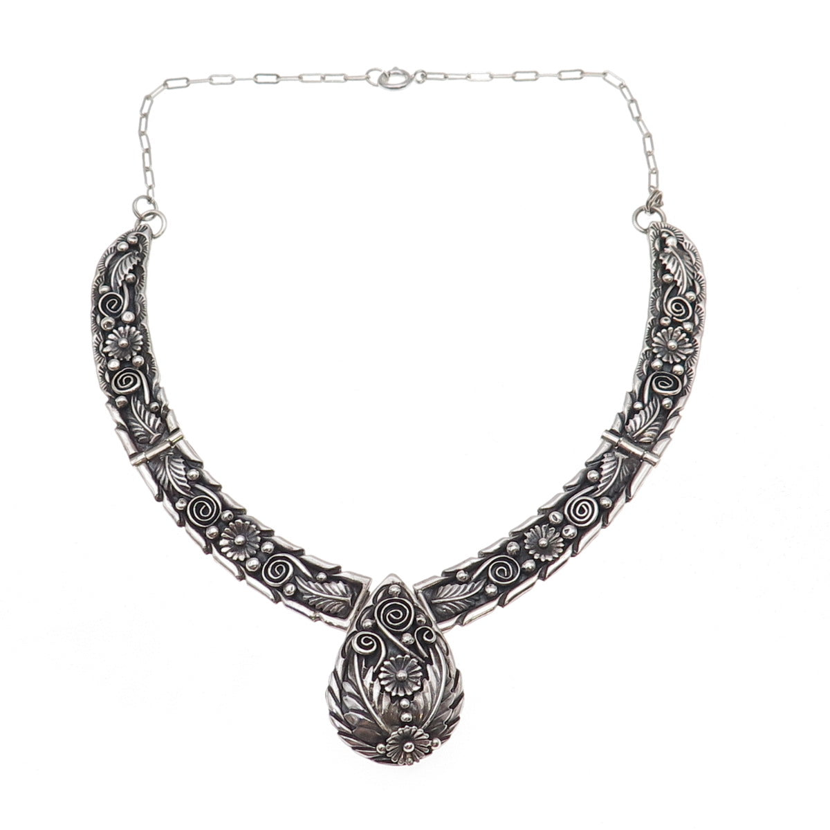 Fannie Ashley Navajo Old Pawn Sterling Silver Vintage Floral Chain Necklace 16"