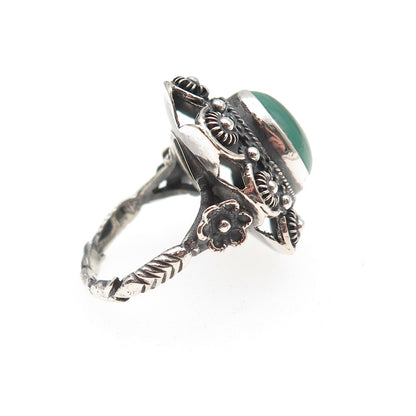 925 Sterling Antique Art Deco Real Malachite Cannetille Oxidized Ring Size 5.5