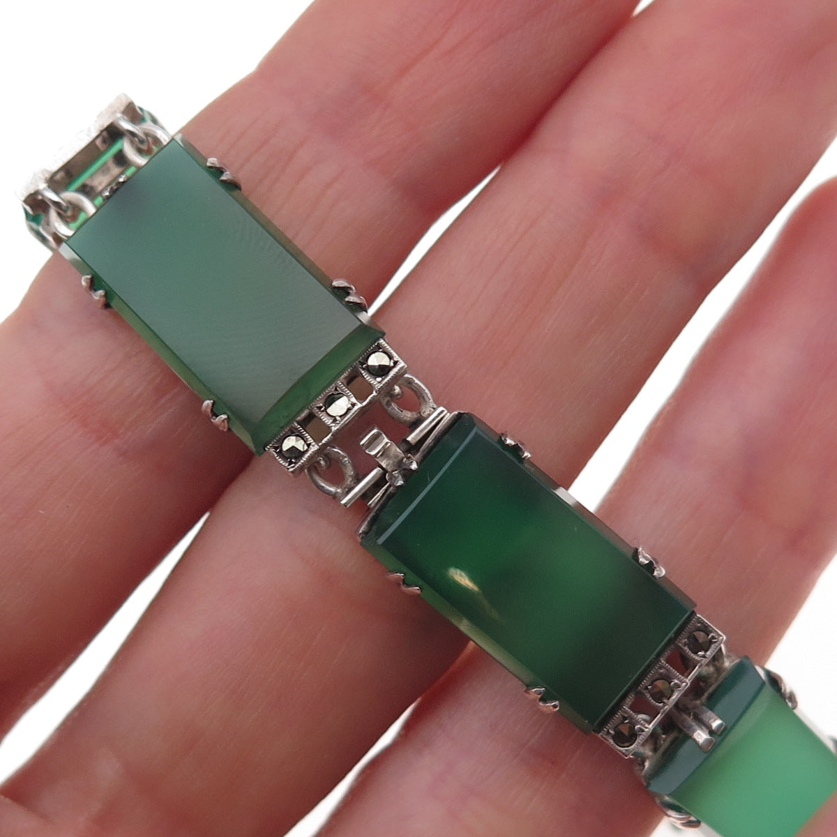 925 Sterling Silver Antique Art Deco Germany Real Agate & Marcasite Bracelet 7"