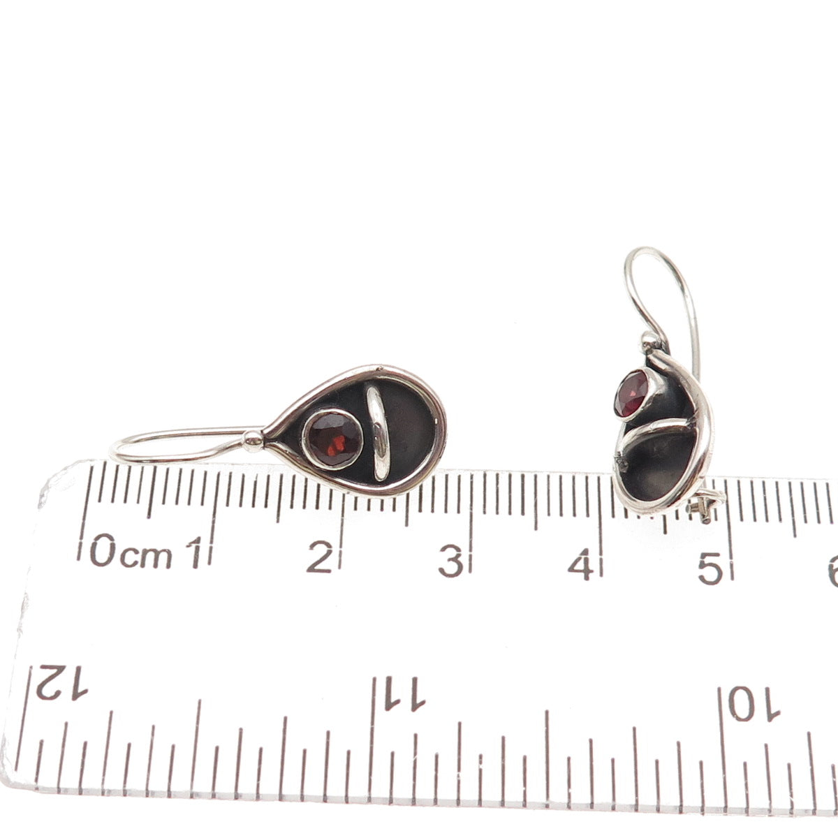 925 Sterling Silver Vintage Real Red Garnet Teardrop Oxidized Dangle Earrings