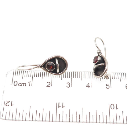 925 Sterling Silver Vintage Real Red Garnet Teardrop Oxidized Dangle Earrings