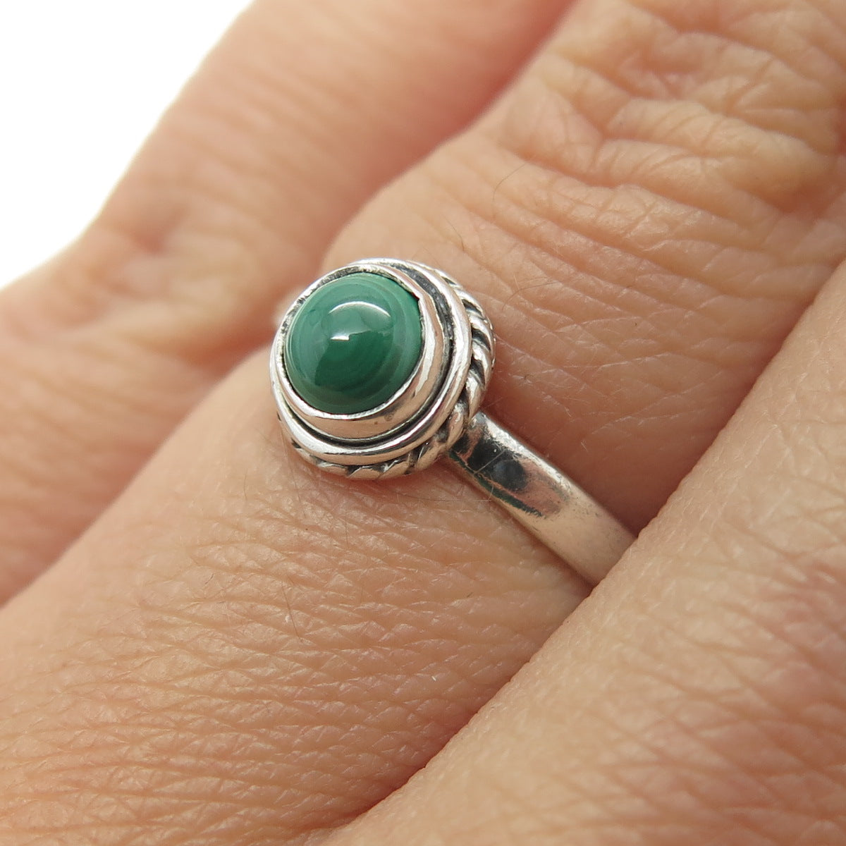 925 Sterling Silver Vintage Real Cabochon Malachite Ring Size 5.75