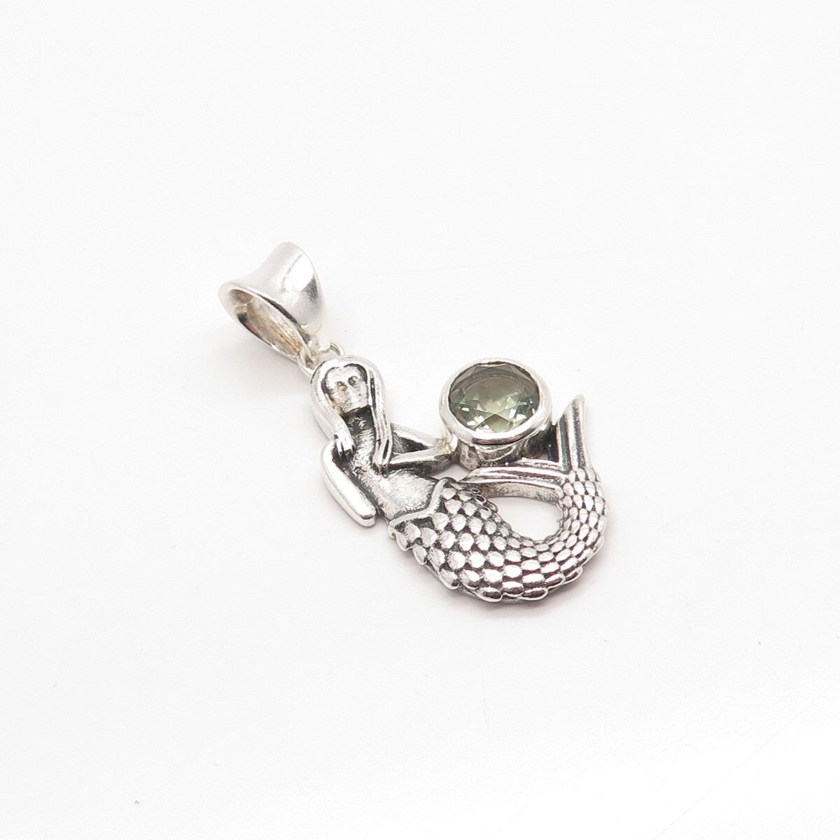 925 Sterling Silver Vintage Real Prasiolite Gemstone Mythical Mermaid Pendant