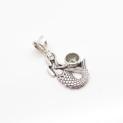 925 Sterling Silver Vintage Real Prasiolite Gemstone Mythical Mermaid Pendant