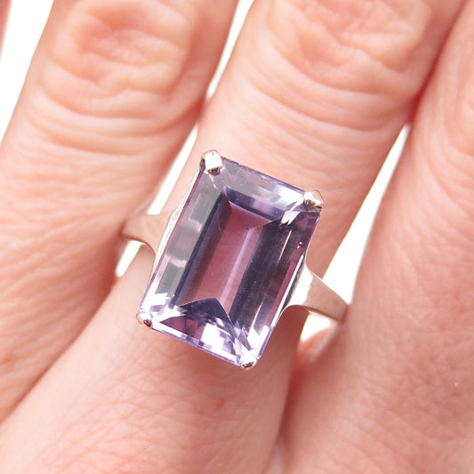 925 Sterling Silver Vintage Real Emerald-Cut Amethyst Ring Size 8.25
