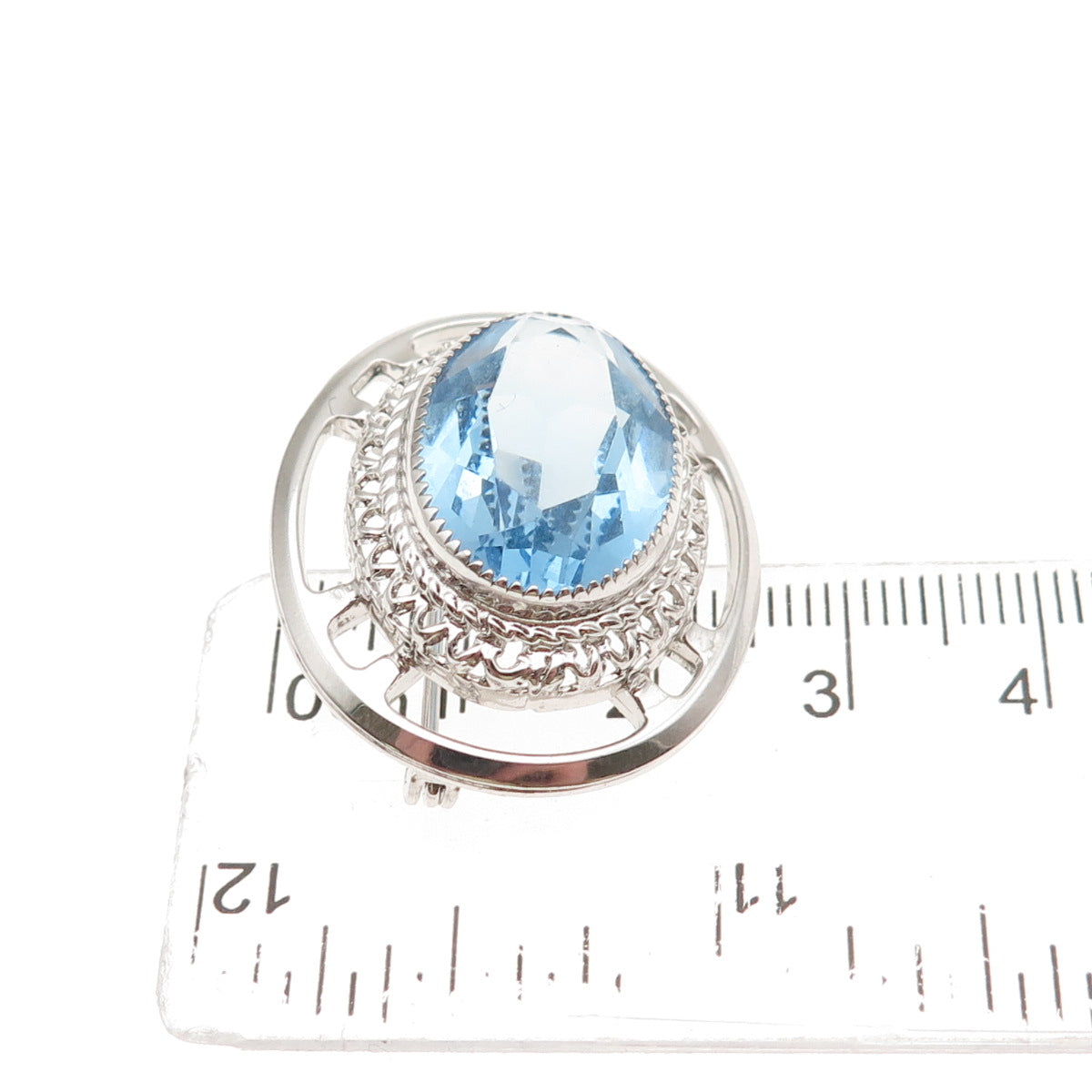 DANECRAFT 925 Sterling Silver Antique Art Deco Oval-Cut Blue Crystal Pin Brooch