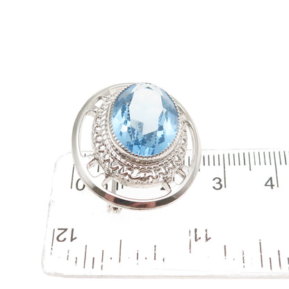 DANECRAFT 925 Sterling Silver Antique Art Deco Oval-Cut Blue Crystal Pin Brooch