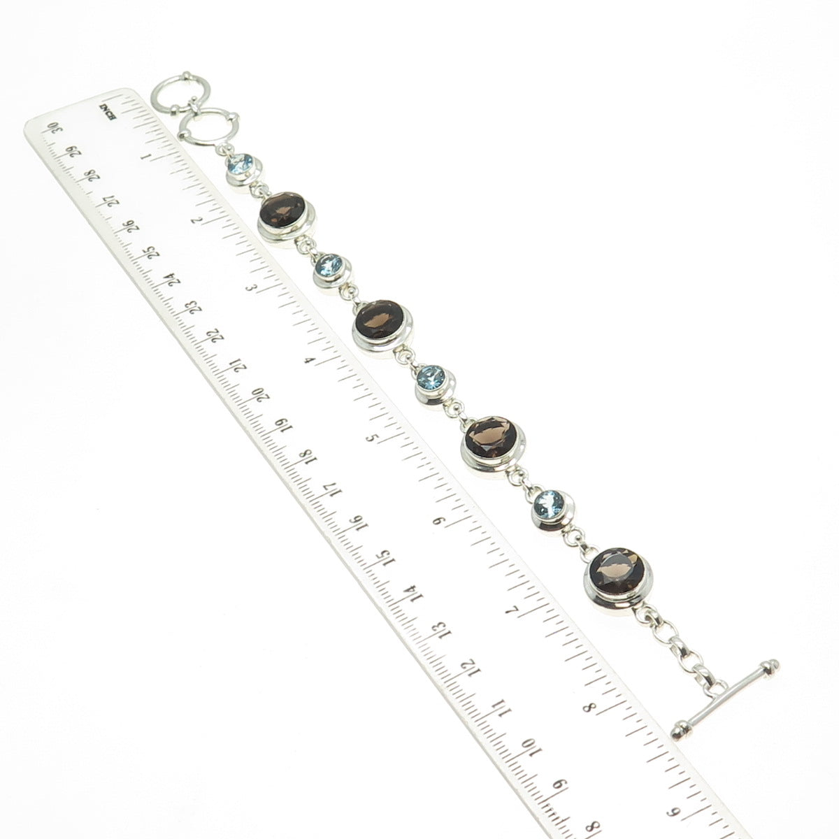 925 Sterling Silver Vintage Real Smoky Quartz & Blue Topaz Gemstone Bracelet 8"