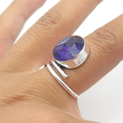 925 Sterling Silver Vintage Real Round-Cut Amethyst Gem Spiral Ring Size 6.75
