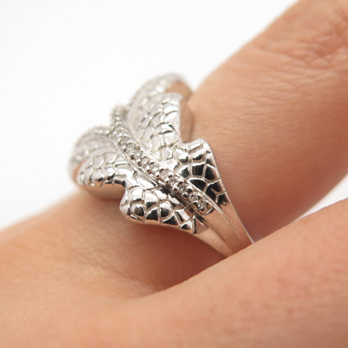 925 Sterling Silver Heng Ngai Real White Diamond Leaf Ring Size 8